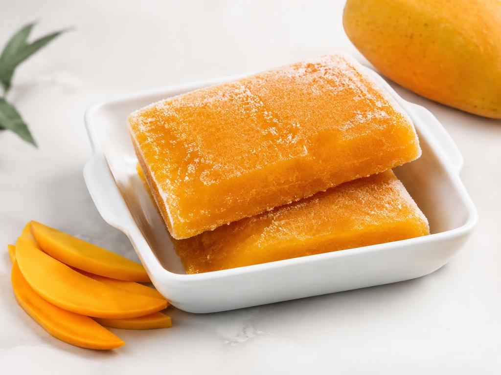 Frozen sweetened mango pulp blocks in a chilled dish